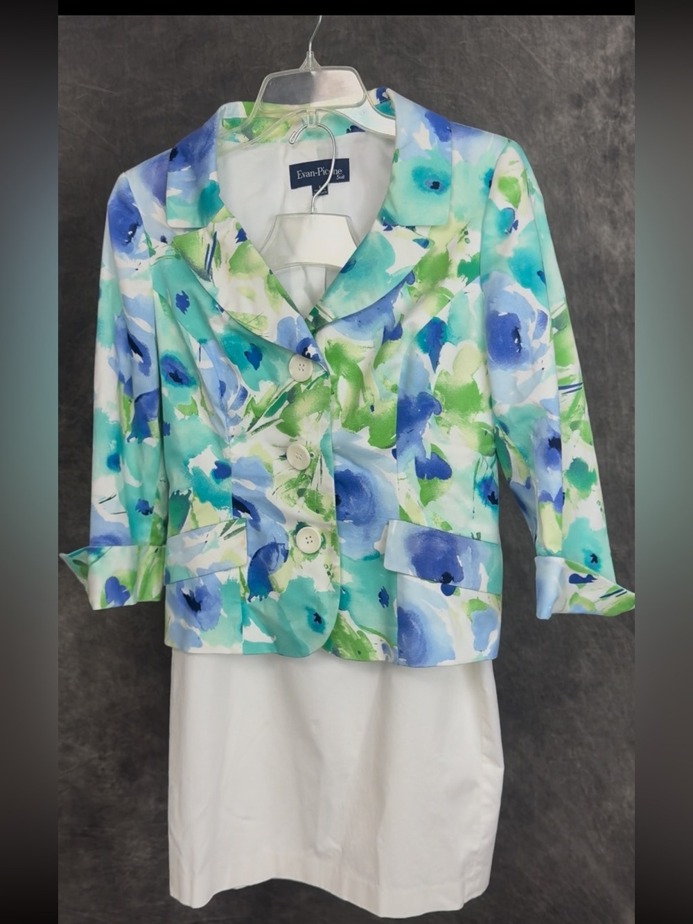 Evan Picone Floral Skirt Suit | Size 8 | Watercolor Jacket & White Skirt Set - Picture 3 of 9